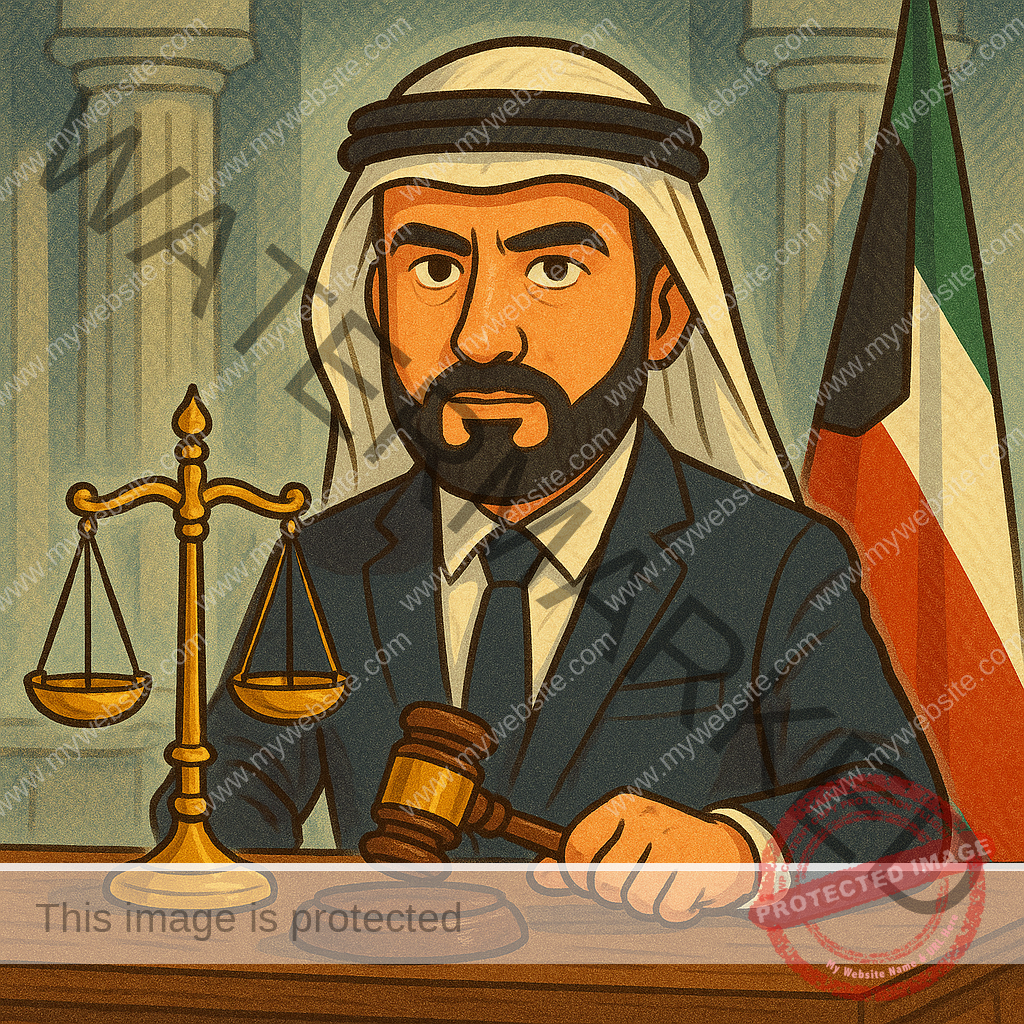 محامٍ كويتي يرتدي الزي التقليدي يجلس خلف مكتب قانوني مع ميزان العدل ومطرقة القاضي.