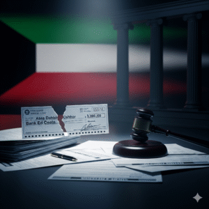 الشيك بدون رصيد في القانون الكويتي يظهر في صورة شيك ممزق أمام علم الكويت مع أوراق قانونية ومطرقة محكمة.