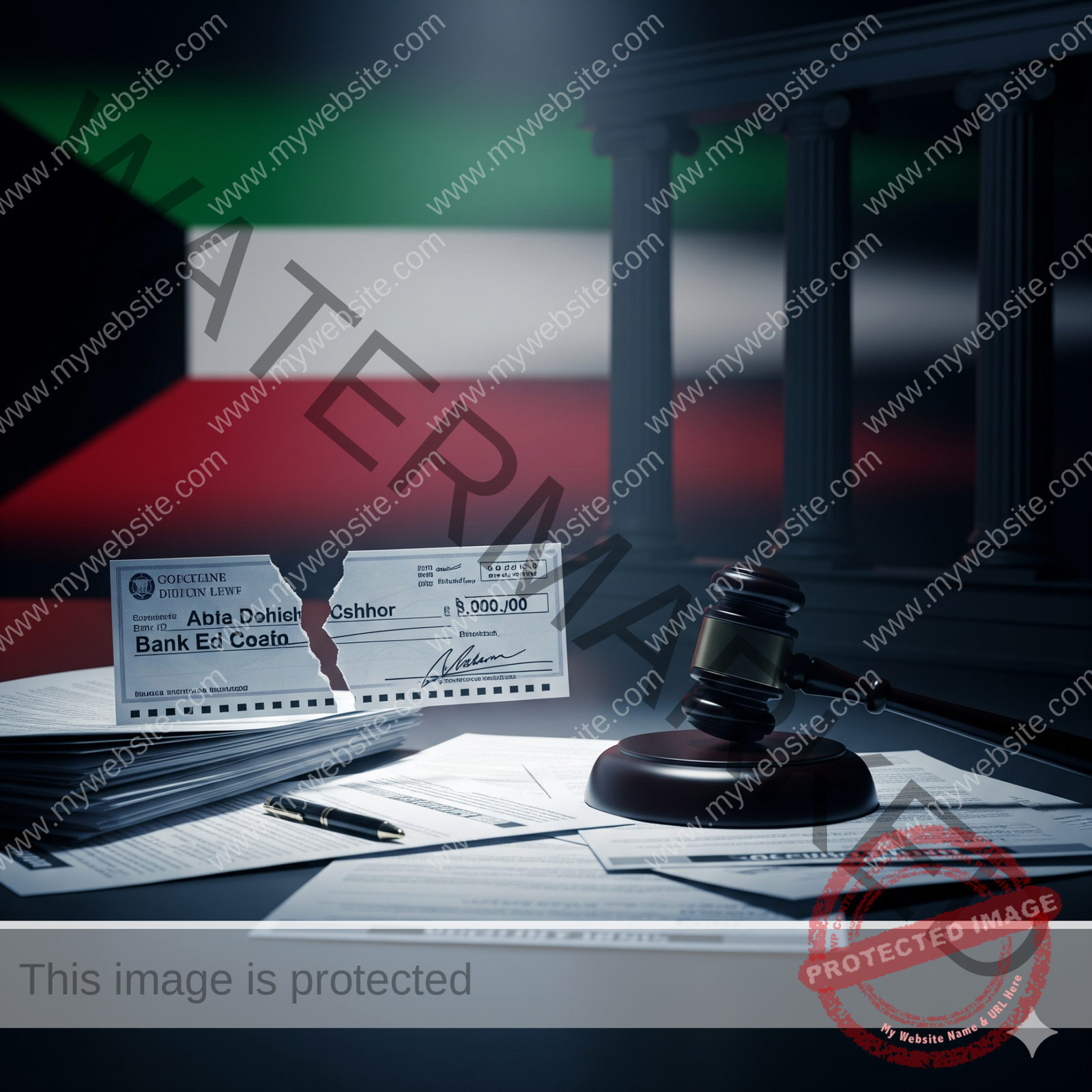 شيك ممزق أمام علم الكويت مع أوراق قانونية ومطرقة محكمة.