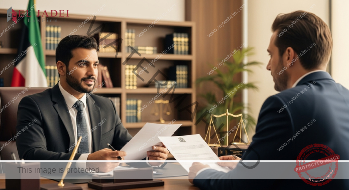 رفع دعوى تجارية في الكويت: الدليل القانوني الشامل محامٍ كويتي في مكتب قانوني يناقش رفع دعوى تجارية في الكويت مع أحد العملاء.