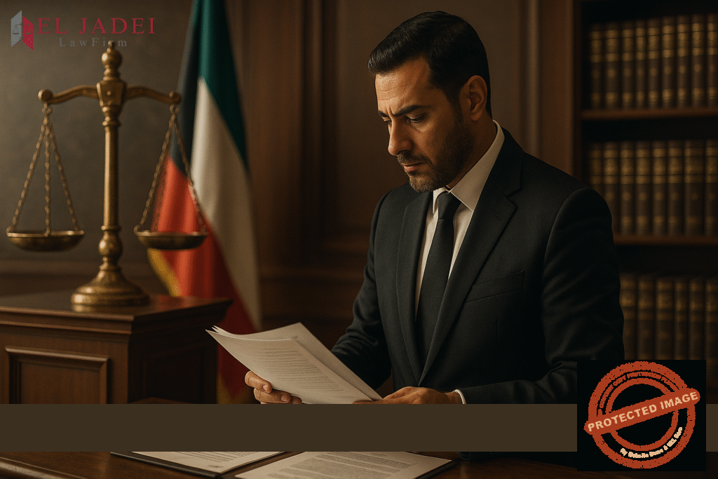 أركان جريمة التزوير في القانون الكويتي وأهم العقوبات محامٍ كويتي يرتدي بدلة رسمية يتصفح أوراق القضايا داخل قاعة المحكمة، في مشهد واقعي يجسّد العدالة والنزاهة في القانون الكويتي. جريمة التزوير في القانون الكويتي