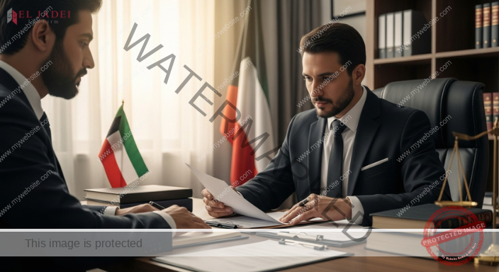 أسباب البراءة في قضايا التزوير بالكويت 2025 ودور المحامي محامٍ كويتي يقوم بتحليل مستندات يُشتبه بتزويرها داخل مكتب قانوني في الكويت أسباب البراءة في قضايا التزوير بالكويت