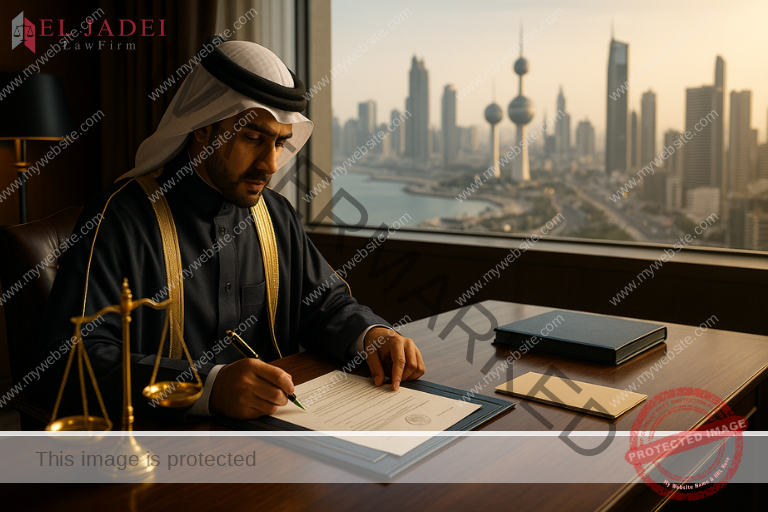 تسجيل علامة تجارية في الكويت: دليلك خطوة بخطوة محامٍ كويتي محترف يجلس في مكتبه الحديث في مدينة الكويت يراجع أوراق تسجيل علامة تجارية على مكتب خشبي أنيق، وتظهر أبراج الكويت في الخلفية بإطلالة بانورامية.تسجيل علامة تجارية في الكويت