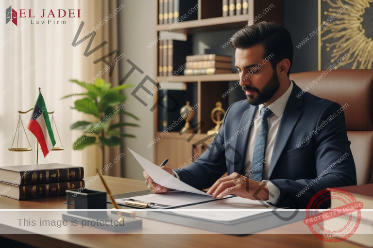 محامٍ كويتي يراجع مستندات دعوى تعويض مدني داخل مكتب محاماة حديث. دعوى التعويض عن الضرر