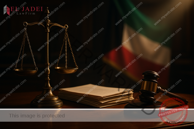 ميزان عدالة ومطرقة قاضي مع مستندات قانونية على مكتب خشبي داخل قاعة محكمة، يظهر في الخلفية علم الكويت بإضاءة دافئة.