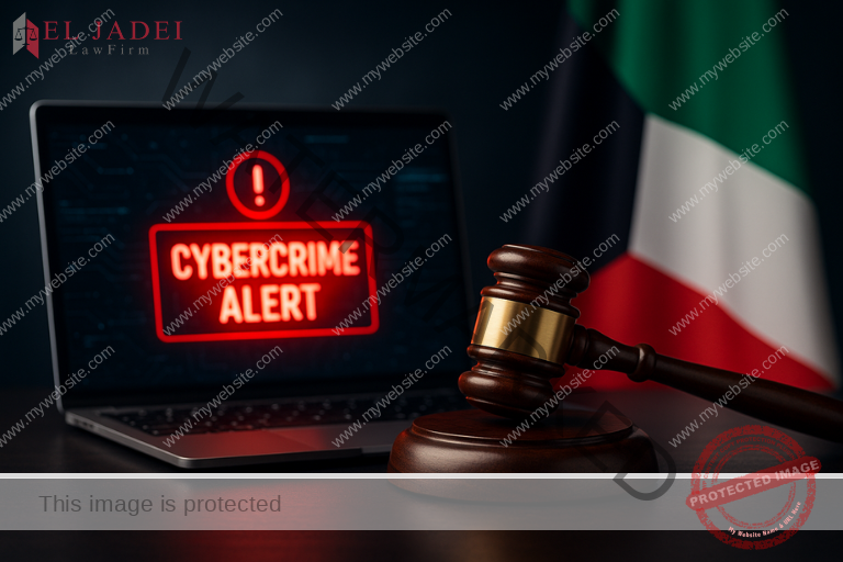 عقوبة الجرائم الإلكترونية في الكويت وفق قانون 63 لسنة 2015 صورة بارزة عالية الدقة لمشهد تحقيق رقمي في الكويت، يظهر فيها جهاز لابتوب يعرض تنبيهًا أحمر عن "جريمة إلكترونية"، مع مطرقة قاضٍ ترمز للسلطة القانونية، وخلفهما علم الكويت مضاء بشكل احترافي — مما يعكس عقوبة الجرائم الإلكترونية في الكويت عقوبات الجرائم الإلكترونية في الكويت.