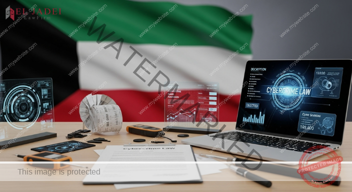 صورة عالية الدقة لمكتب تحقيقات إلكترونية في الكويت يحتوي على أدلة رقمية، وجهاز لابتوب يعرض تنبيهات اختراق، مع ظهور العلم الكويتي في الخلفية. قانون الجرائم الإلكترونية في الكويت
