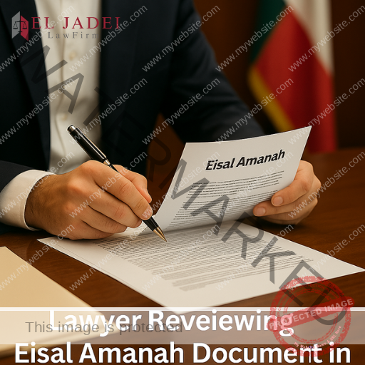 لقطة قريبة لمحامٍ كويتي يقوم بمراجعة مستند مالي بعنوان "إيصال أمانة"، ترمز إلى الثقة والمسؤولية والإجراءات القانونية.