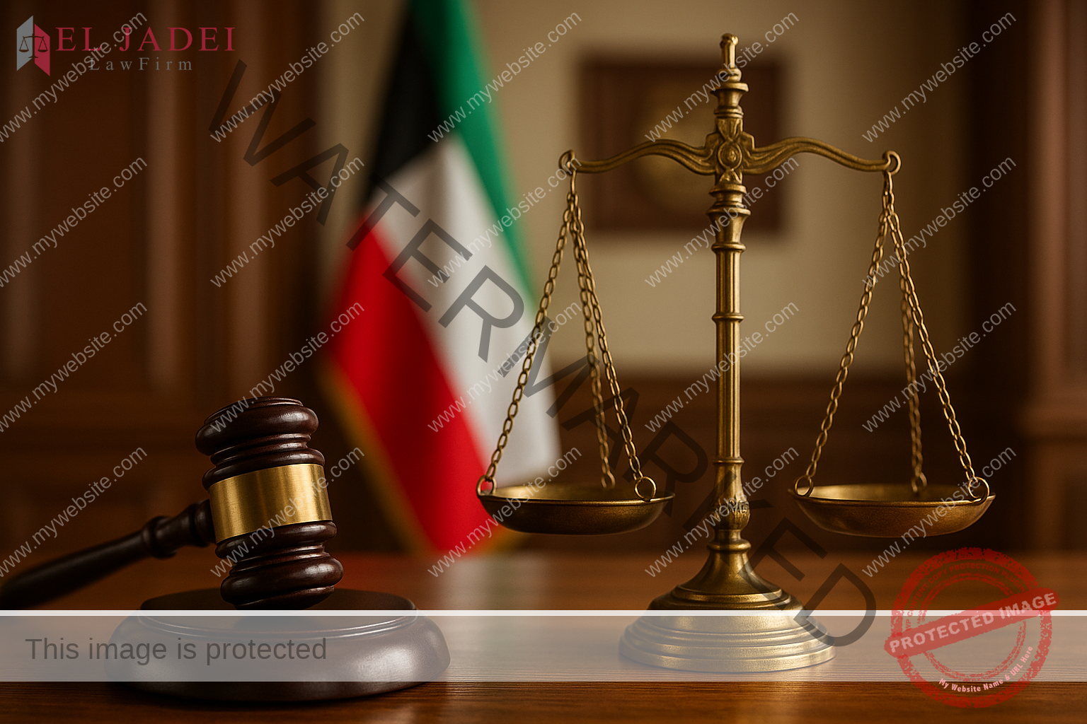 جريمة الرشوة في القانون الكويتي: الأركان والعقوبات جريمة الرشوة في القانون الكويتي – مشهد رمزي للعدالة يضم مطرقة القاضي والعلم الكويتي داخل قاعة المحكمة، يرمز إلى النزاهة ومكافحة الفساد.
