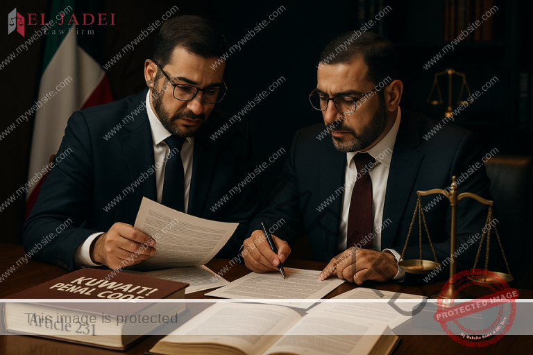 عقوبة النصب في القانون الكويتي تحقيق في جرائم النصب والاحتيال وفق قانون الجزاء الكويتي – محامون كويتيون محترفون من مكتب الجدعي للمحاماة يراجعون مستندات تتعلق بالمادة 231، في مشهد يجسد العدالة والنزاهة وحماية الأموال في الكويت. عقوبة النصب في القانون الكويتي