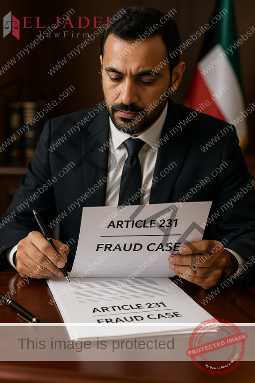 المادة 231 من قانون الجزاء الكويتي: عقوبة النصب والاحتيال محامٍ كويتي يراجع مستندات قانونية تتعلق بقضايا النصب وفق المادة 231، في مشهد يعكس الاحترافية والخبرة القانونية والعدالة. المادة 231 من قانون الجزاء الكويتي