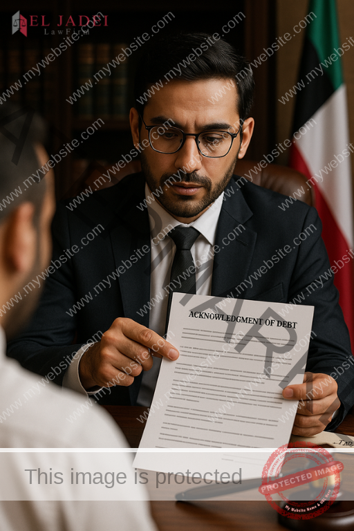 إقرار الدين في القانون الكويتي: دليل عملي لحفظ الحقوق محامٍ كويتي يشرح لعميل وثائق إقرار الدين، في مشهد يجسّد الثقة والمهنية والخبرة القانونية وفق أحكام القانون الكويتي.