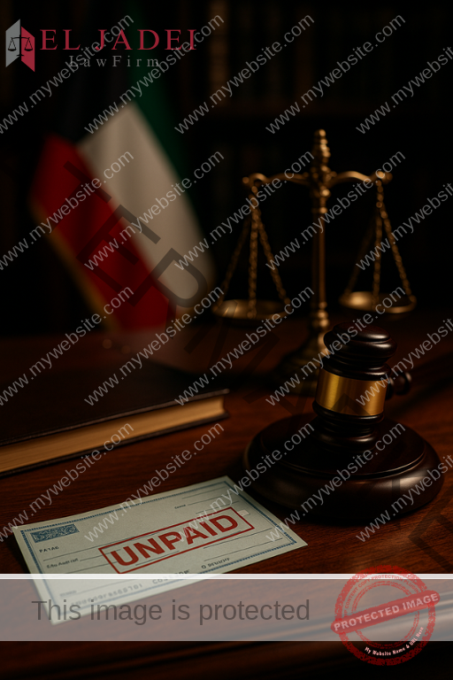 تقادم الشيك في القانون الكويتي: المدة، السقوط وحقوق الدائن لقطة عالية الجودة لطاولة قانونية كويتية تتضمن شيكًا مصرفيًا، ومطرقة قاضٍ، وميزان العدل، مع ظهور العلم الكويتي في الخلفية، في مشهد يرمز إلى قوانين تقادم الشيك والعدالة المالية.