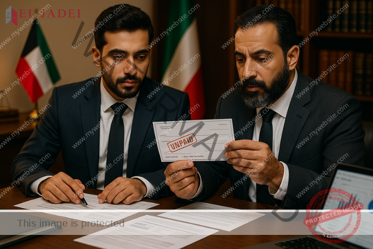 تقادم الشيك في القانون الكويتي: المدة، السقوط وحقوق الدائن محاميان كويتيان يراجعان شيكًا مرفوضًا ويناقشان مدة التقادم، في مشهد يعكس إجراءات القانون الكويتي الخاصة بالشيكات.