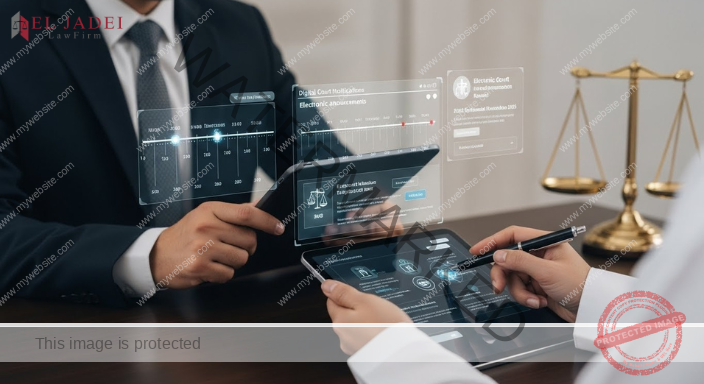 صورة واقعية لمستشار قانوني كويتي يراجع إعلانات المحاكم الإلكترونية عبر جهاز لوحي، مع ظهور جداول زمنية للمدد والإعلانات الرقمية على الشاشة — مما يجسد تطوير إجراءات الإعلان في قانون المرافعات الكويتي.