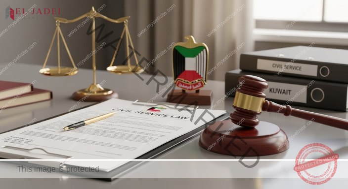 صورة هيرو عالية الدقة تُظهر مستندات حكومية كويتية وقانون الخدمة المدنية ومطرقة القاضي وشعار دولة الكويت على مكتب قانوني مصقول، في مشهد يعكس هيبة وبنية قانون الخدمة المدنية في الكويت.