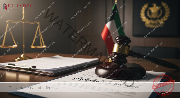 قانون الإثبات الكويتي رقم 39 لسنة 1980 أخطاء تُفقدك حقك صورة عالية الدقة لطاولة محكمة كويتية تحتوي على مستندات قانونية ومطرقة القاضي والعلم الكويتي في الخلفية، مما يرمز إلى قوة قانون الإثبات الكويتي رقم 39 لسنة 1980 في المنازعات المدنية والتجارية.