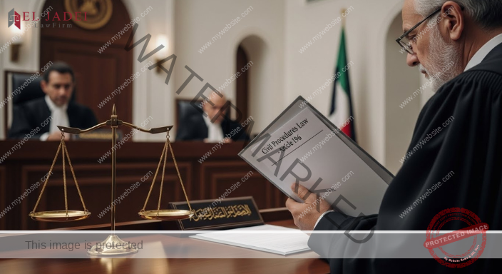 متى تُطبق المادة 196 من قانون المرافعات المدنية فعلًا؟ تطبيق المادة 196 من قانون المرافعات المدنية داخل قاعة محكمة كويتية وموازين العدل.