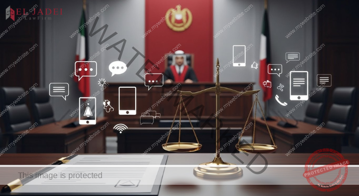 صورة قانونية احترافية تمثل جرائم السب والقذف في القانون الكويتي، تظهر قاعة محكمة وميزان العدالة مع رموز تعبيرية للتواصل الرقمي.