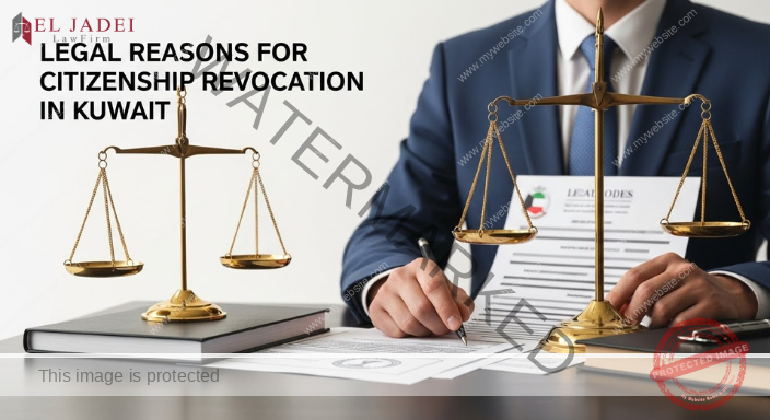 رسم توضيحي لموازين العدالة، الرموز القانونية والمستندات التي تبرز الأسباب القانونية لسحب الجنسية في الكويت.