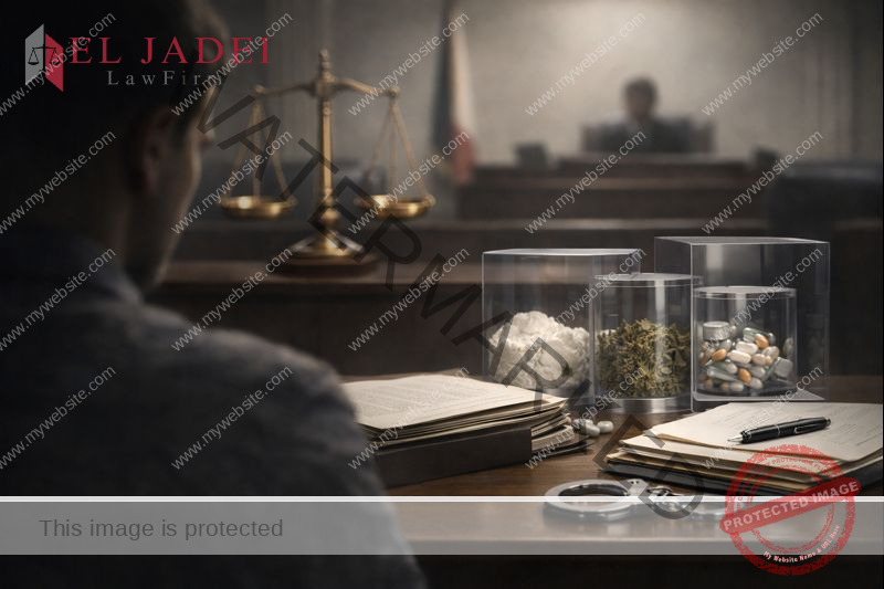 تصوير قانوني مفاهيمي يوضح تأثير قوانين المخدرات في الكويت على الأفراد والمجتمع ضمن إطار قضائي منظم