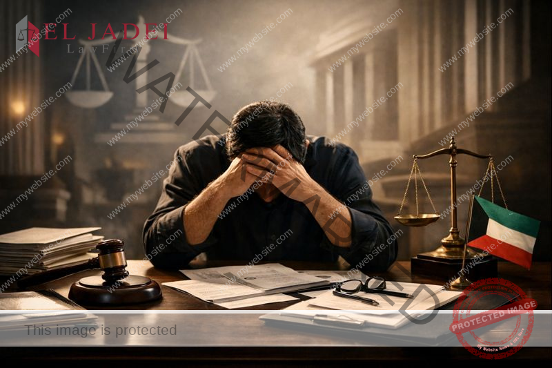 الإفلاس الشخصي في الكويت: خطوات عاجلة قبل فوات الوقت صورة قانونية احترافية تعبّر عن الإفلاس الشخصي في الكويت، تُظهر فردًا في بيئة عمل حديثة محاطًا بمستندات قانونية ومالية، مع رموز قانونية كويتية مجردة في الخلفية. الإضاءة متوازنة وتعكس الجدية والاستعجال القانوني دون مبالغة أو سوداوية الإفلاس الشخصي فى الكويت