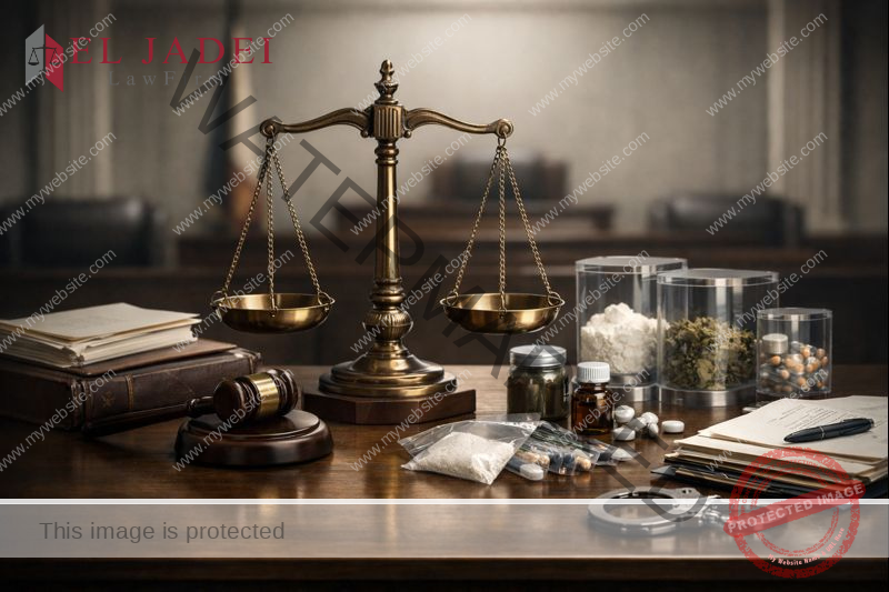 تصوير قانوني يعبّر عن إصلاحات قانون مكافحة المخدرات في الكويت مع ميزان العدالة والوثائق القانونية والمواد الخاضعة للرقابة