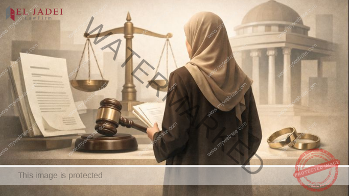 تصميم قانوني احترافي يعبّر عن مفهوم الخلع في القانون الكويتي، يُظهر زوجة تتخذ قرارًا قانونيًا داخل إطار قضائي متوازن، مع عناصر رمزية مثل ميزان العدالة والمستندات القانونية وخلفية مستوحاة من المحكمة. ألوان هادئة رسمية، أسلوب مكاتب المحاماة، بدون نصوص أو شعارات.