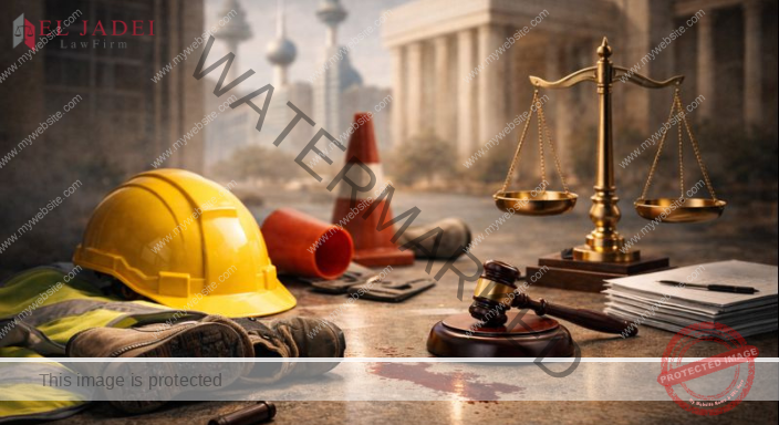صورة قانونية تحريرية احترافية تمثل إصابة العمل في القانون الكويتي، تظهر بيئة قانونية مؤسسية تضم عناصر رمزية مثل خوذة السلامة، مستندات قانونية، ميزان العدالة، وعمارة قضائية مستوحاة من الكويت، مع طابع قانوني راقٍ يعكس السلطة، حماية الحقوق، والمساءلة القانونية.