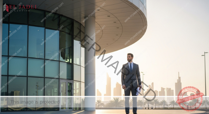 مشهد واقعي لفصل تعسفي في الكويت يظهر عاملًا يحمل أوراق إنهاء الخدمة أمام مبنى إداري حديث