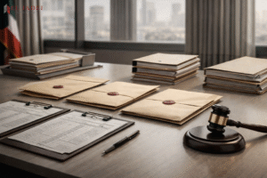 قبل تقديم عرضك: قانون المناقصات العامة في الكويت 49/2016 تمثيل بصري لإطار قانون المناقصات العامة في الكويت من خلال مستندات حكومية رسمية ومطرقة قاضٍ داخل مكتب قانوني حديث