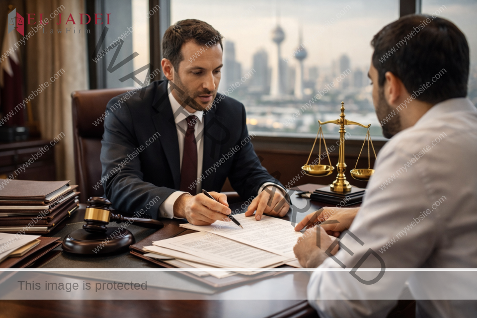 الحجز على الأموال في الكويت وفق قانون 38 لسنة 1980 محامٍ يشرح إجراءات الحجز على الأموال لعميل داخل مكتب محاماة في الكويت.