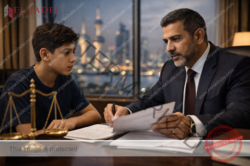 أسرار قانون الأحداث الكويتي رقم 111 لسنة 2015 شاب صغير يتلقى استشارة قانونية من محامٍ داخل مكتب في الكويت