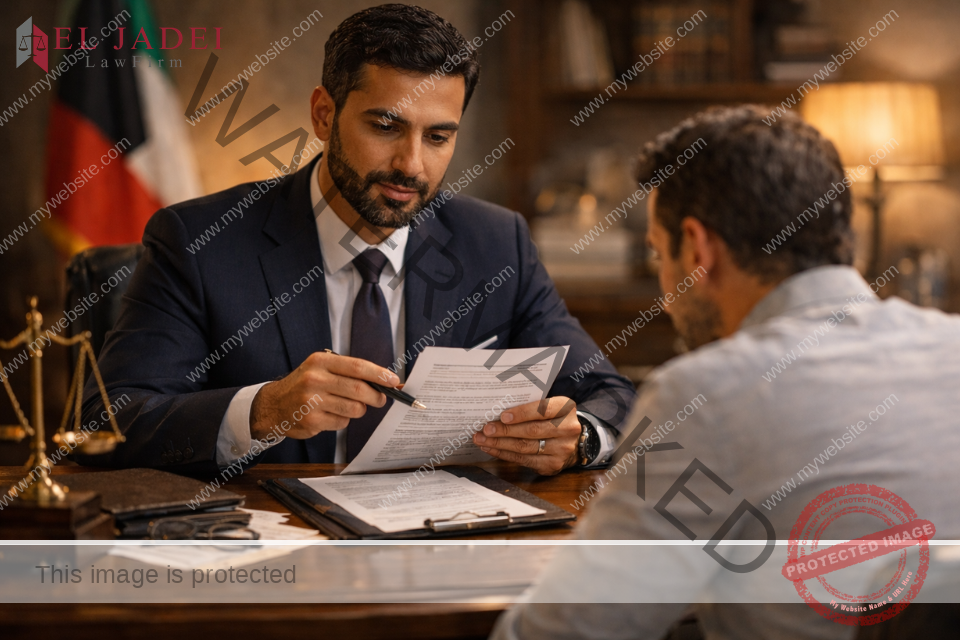 قانون الإيجارات الكويتي: احمى حقوقك وتجنب النزاعات محامٍ كويتي يراجع عقد إيجار مع عميل داخل مكتب قانوني احترافي