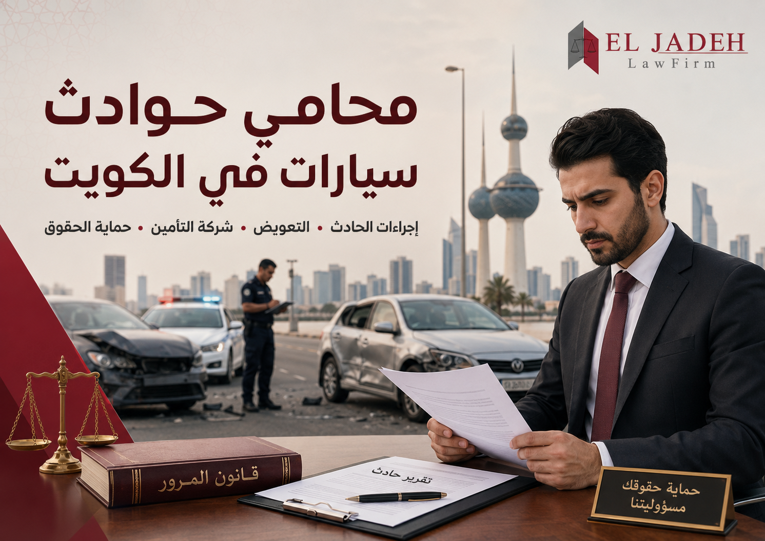 محامي حوادث سيارات في الكويت يراجع تقرير حادث مروري مع مشهد سيارات متضررة وشعار مجموعة الجدعي القانونية.