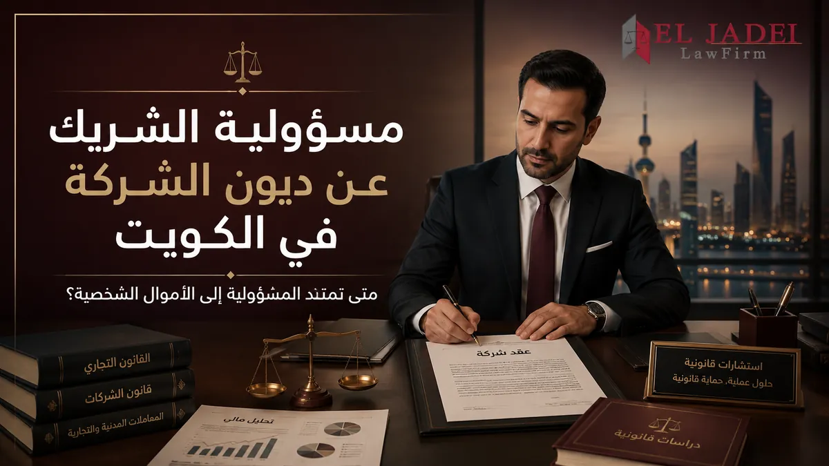 محامٍ يراجع عقد شركة حول مسؤولية الشريك عن ديون الشركة في الكويت